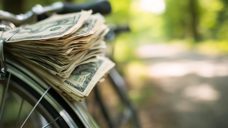 A stack of U.S. dollar bills clipped to the back of a bicycle, symbolizing unreported income on the move