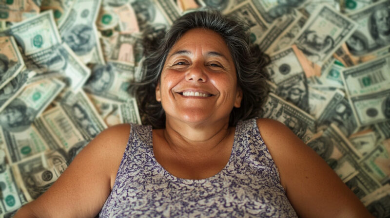 A smiling older woman lying on a pile of dollar bills, symbolizing unreported wealth or income