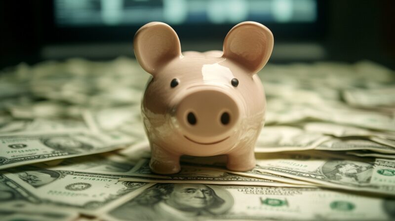 A smiling pink piggy bank surrounded by a pile of dollar bills, symbolizing income and savings