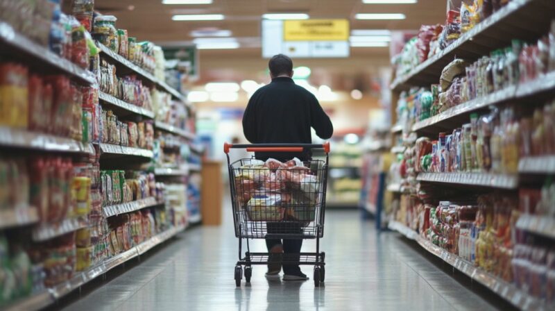 Person pushing a shopping cart full of groceries down a supermarket aisle