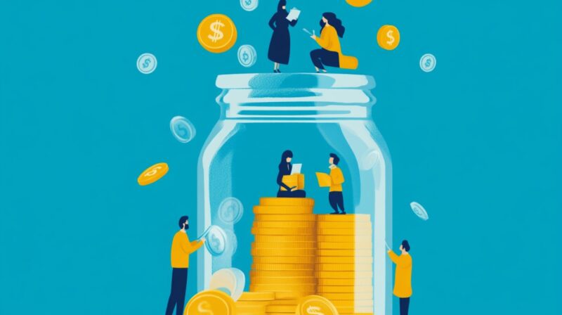 Illustration of people interacting with stacks of coins inside and around a large jar, symbolizing income limits while receiving SSI