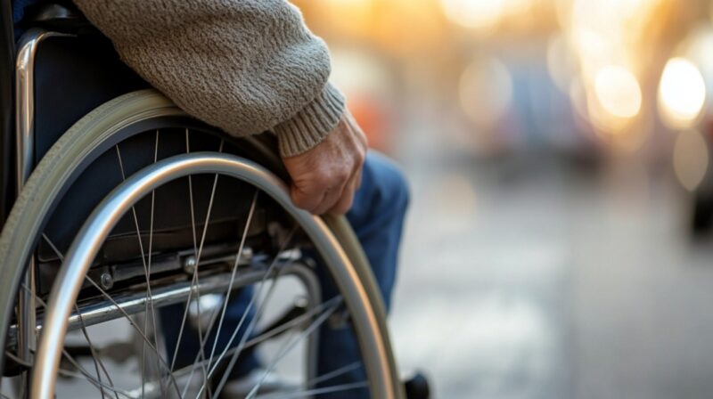 Close-up of a person’s hand on a wheelchair wheel, with a soft background of a street at sunset