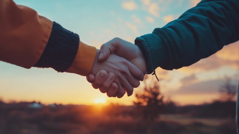 Two people shaking hands at sunset, symbolizing agreement, support, and collaborative planning for the future