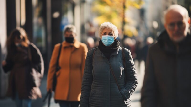 Older woman wearing a mask walking on a city street with other masked individuals in the background