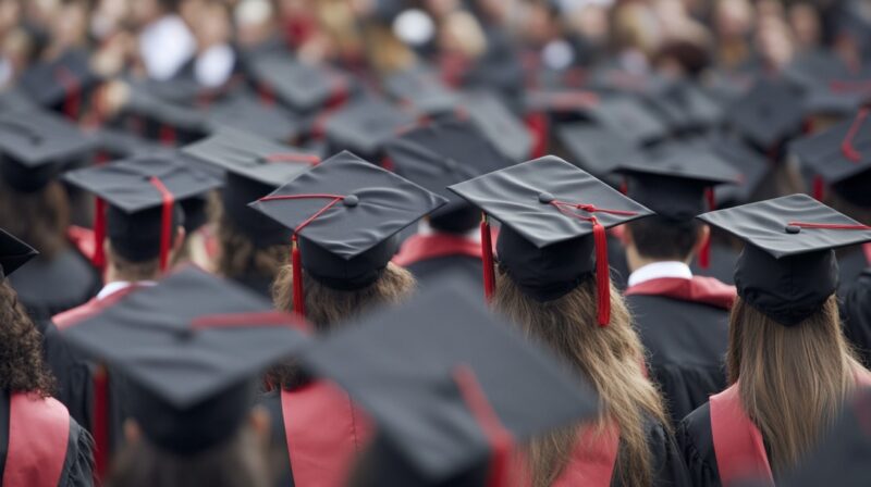 A group of students wearing black graduation caps and gowns, viewed from behind during a commencement ceremony