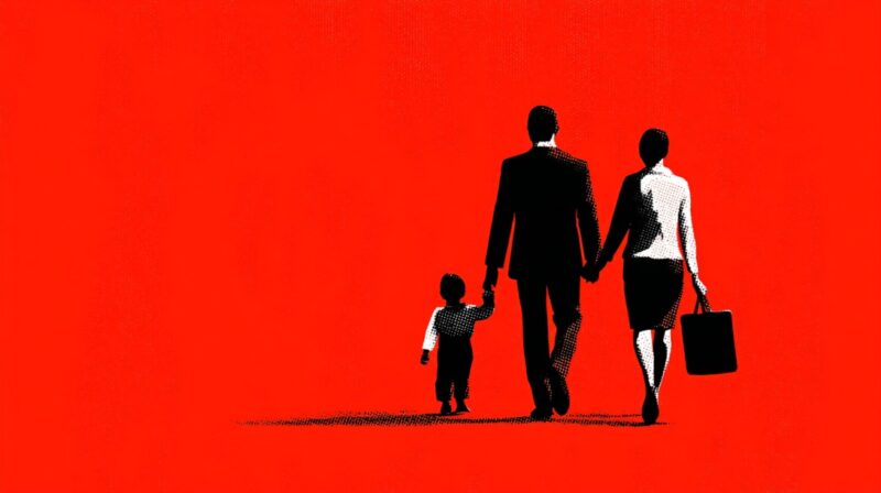 Illustration of a family walking together, with a man, woman carrying a briefcase, and a child, against a red background