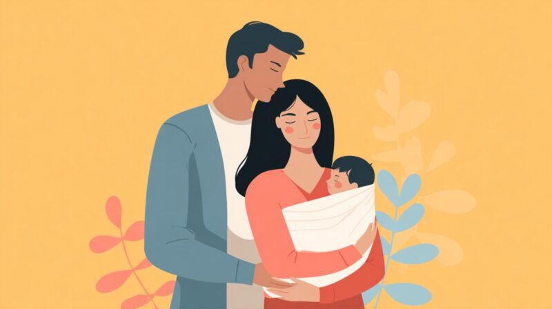 Illustration of a happy couple holding their baby against a yellow background