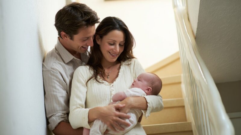 A happy couple holding their newborn baby while standing by a staircase