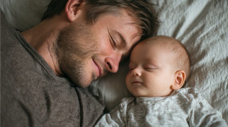 Father peacefully lying in bed with his baby, both smiling in their sleep