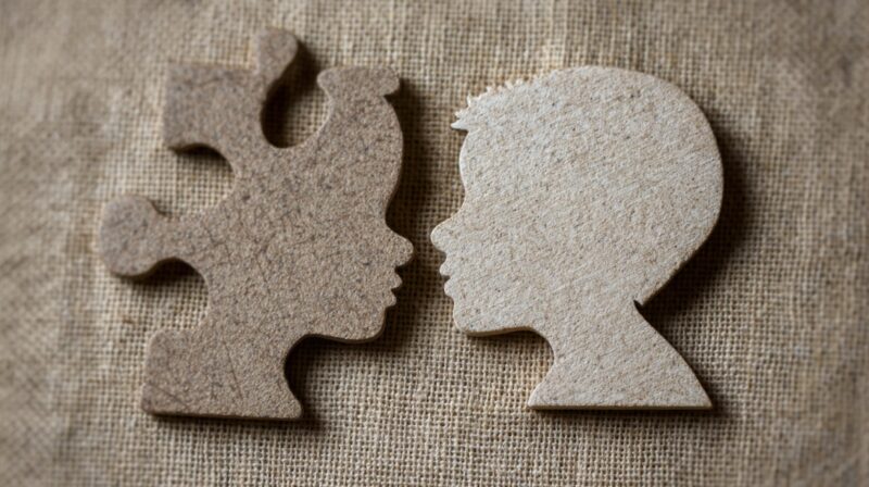 Two puzzle pieces shaped like human faces fitting together