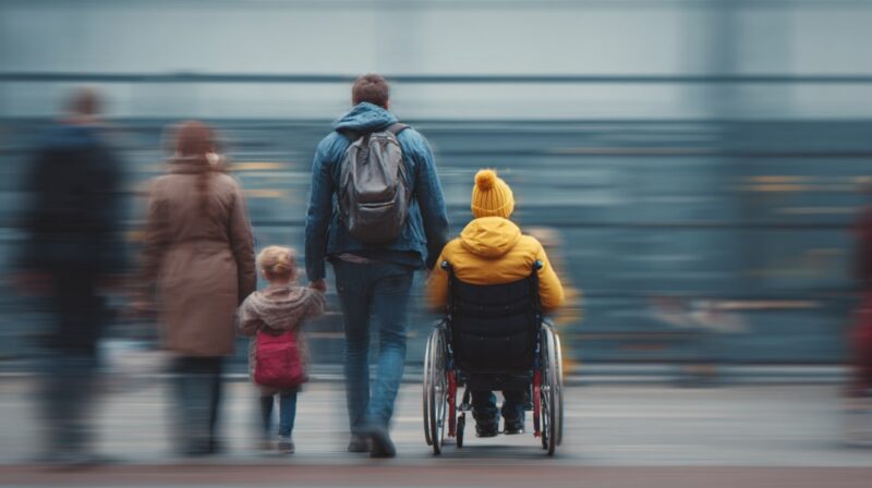 Person in a wheelchair wearing a yellow jacket and hat, accompanied by family members walking together