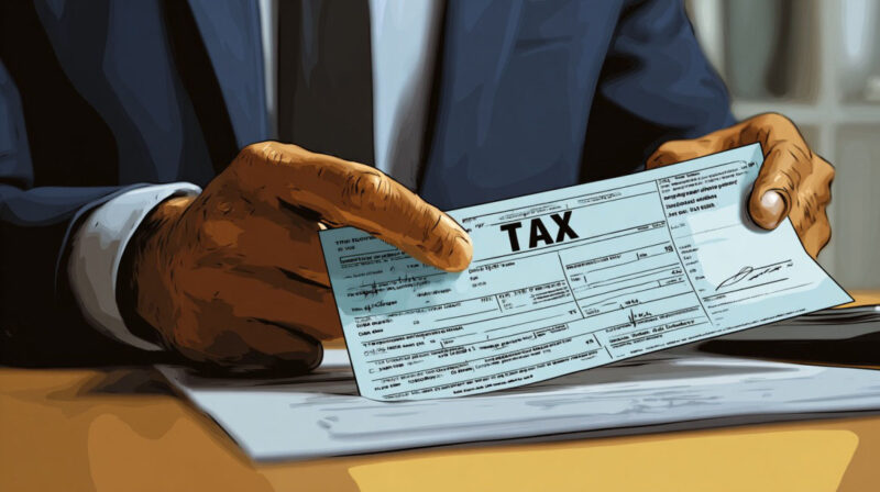 Illustration of a person in a suit holding a tax document labeled 'TAX